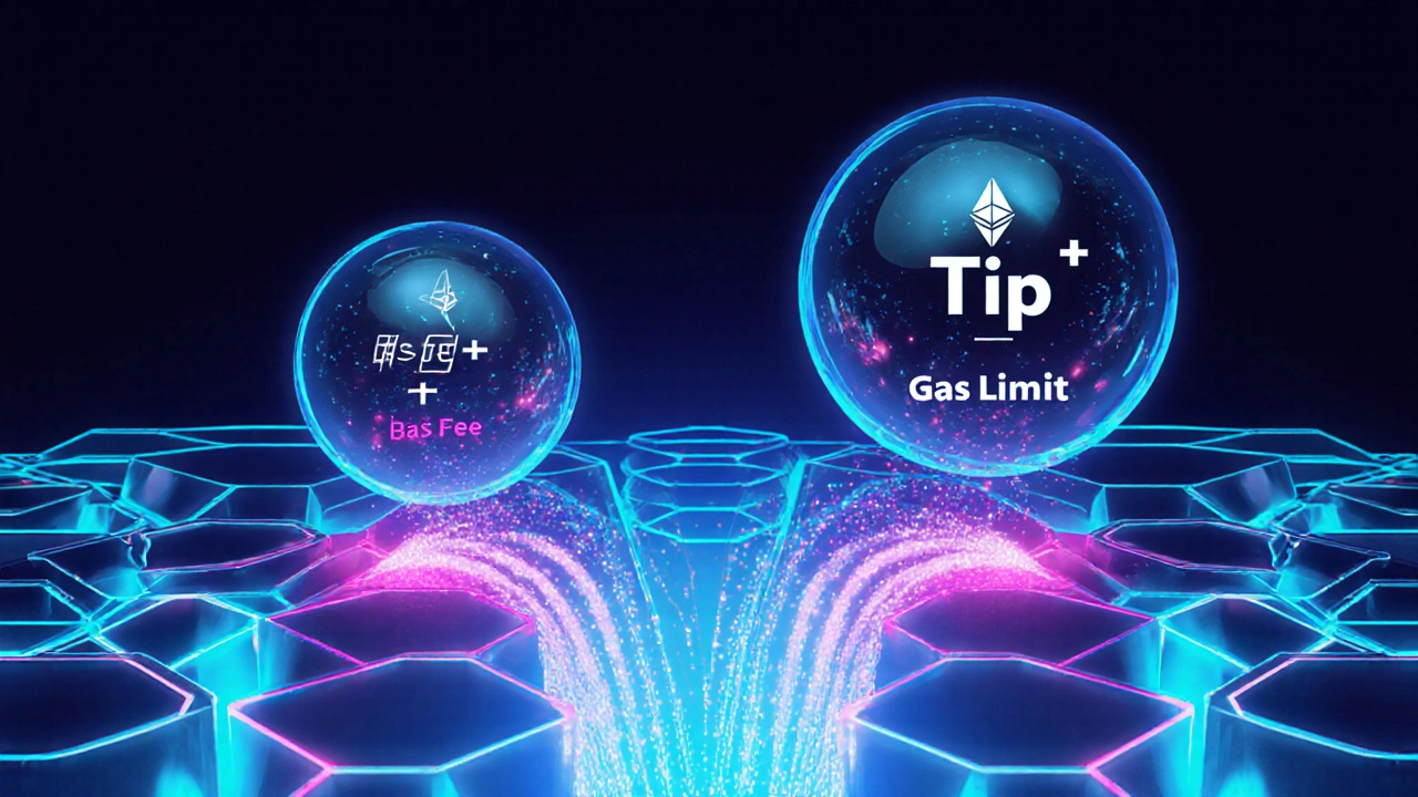 Abstrakte Darstellung von Gas‑Molekülen, Base‑Fee und Tip als leuchtende Kugeln im Netzwerk.