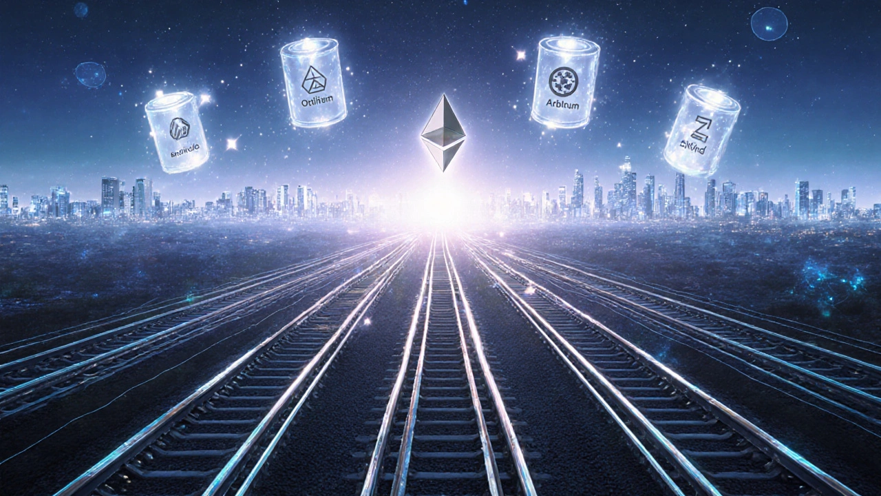 Futuristische Szene mit geteilten Blockchain‑Shard‑Ketten und Layer‑2‑Rollups.