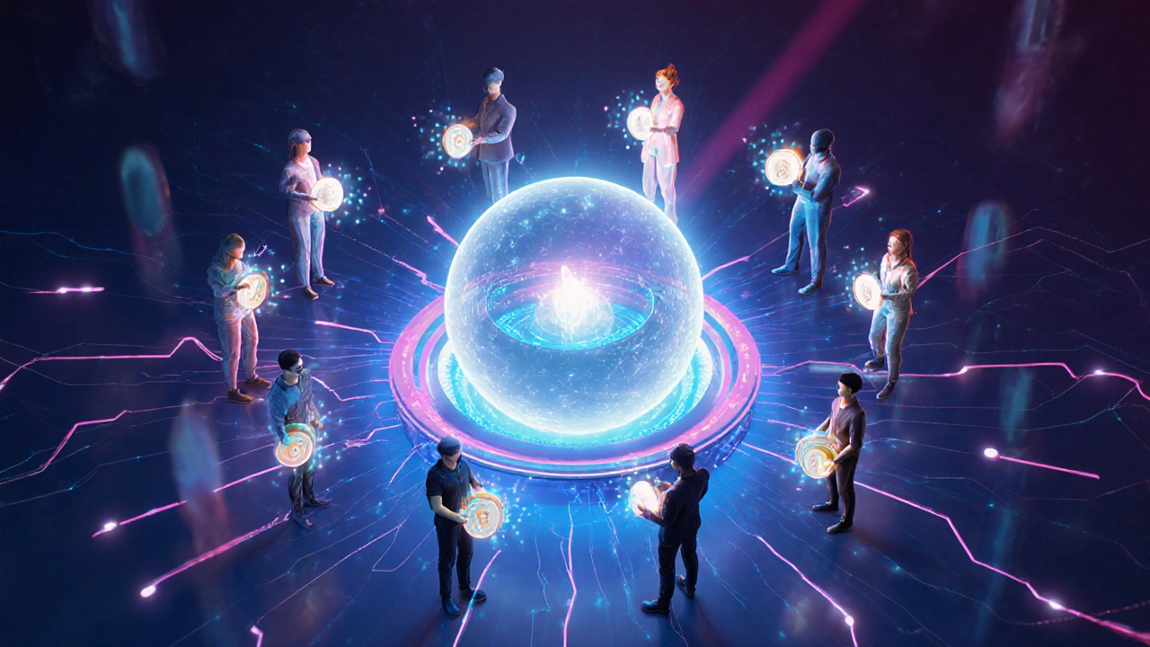 Holographische Avatare stimmen in einer schwebenden Kugel ab, Token‑Orbs visualisieren gewichtetes und quadratisches Voting.