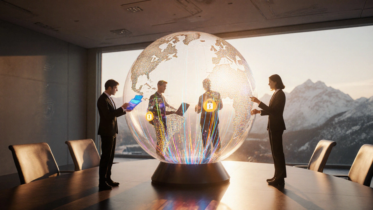 Vier Rollen (Token‑Holder, Entwickler, Staker, Community‑Manager) um einen transparenten Blockchain‑Globus in einer futuristischen Umgebung.