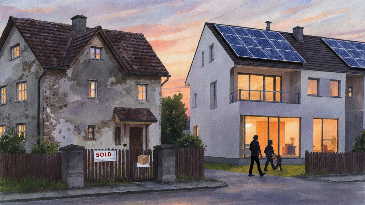 Altbau neben modernem Neubau im Abendlicht, „verkauft“-Schild und Familie zieht um.