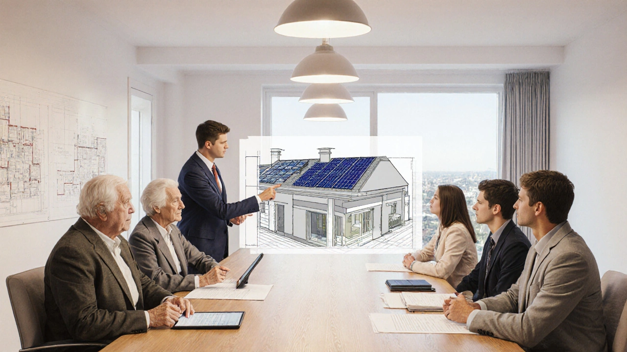 Eigentümerversammlung besprecht Baupläne für Solaranlage und Balkon.