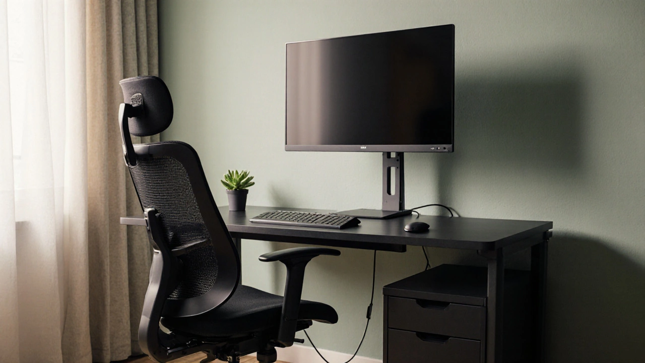 Ergonomisch eingerichteter Arbeitsplatz mit Monitor in Augenhöhe, ordentlichem Kabelmanagement und neutraler Wandfarbe.