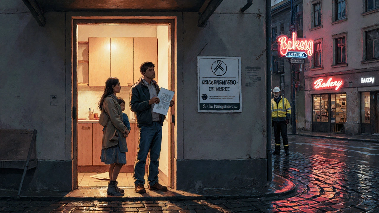 Familie vor ihrer Wohnung in München, Bauleute stoppen Renovierung, Schild mit Genehmigungsaufforderung an der Wand.
