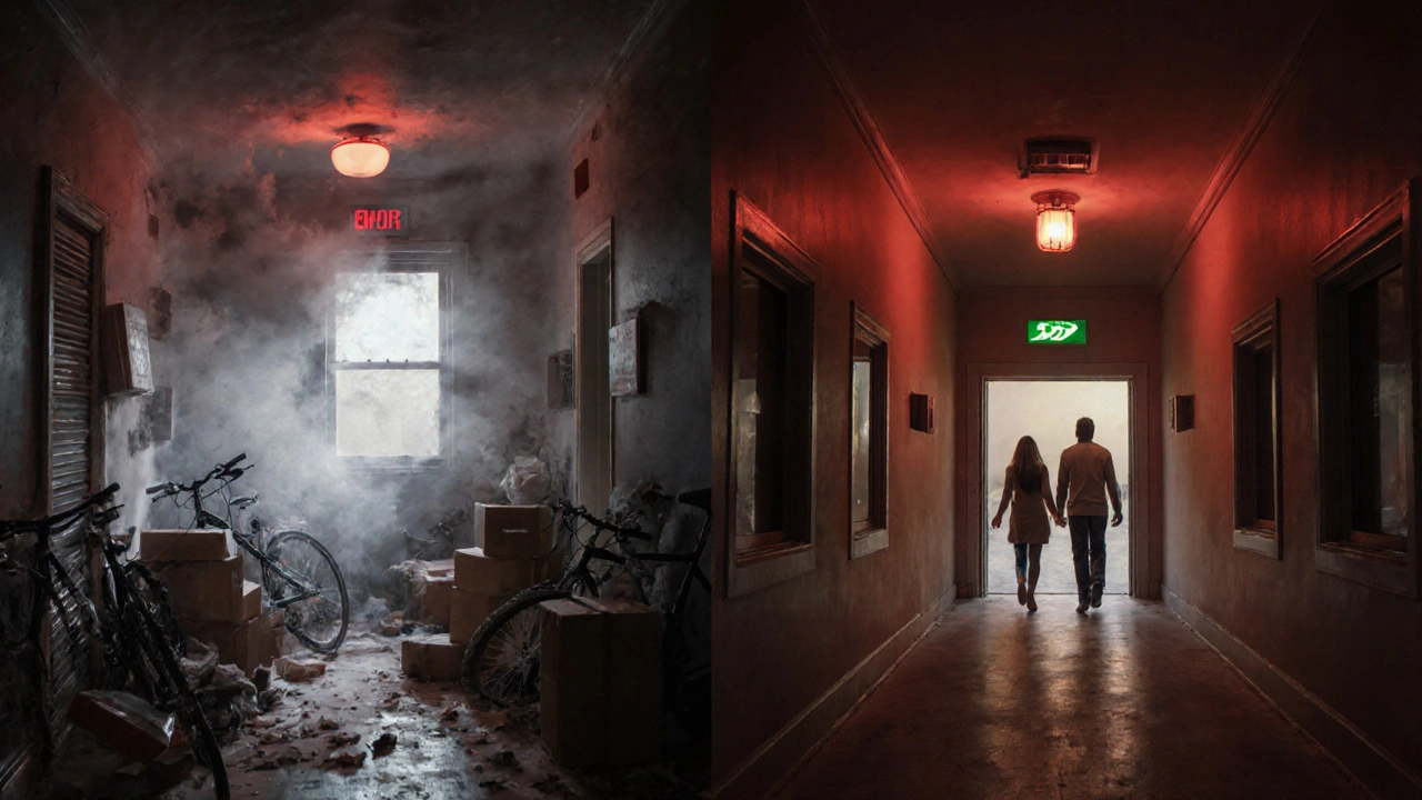 Gegenüberstellung eines verstopften und eines sicheren Fluchtwegs im Brandfall mit Rauch und Notbeleuchtung.