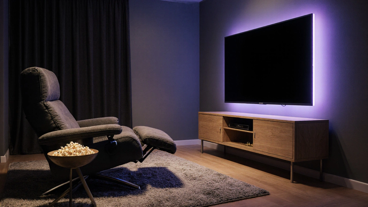 Gemütliche Filmszene: Recliner, dimmbares LED‑Band, perfekt ausgerichteter Fernseher ohne Reflexionen.