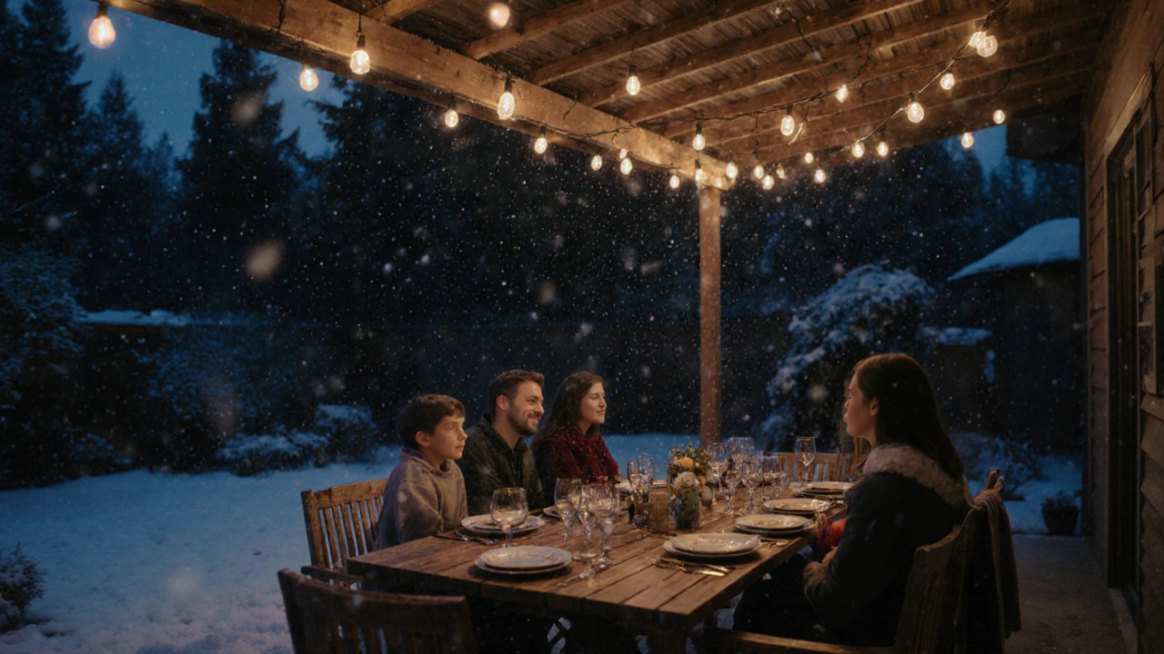 Gemütliches Abendessen im Freien auf Douglasie‑Möbeln unter Lichterkette, leichter Schneefall.