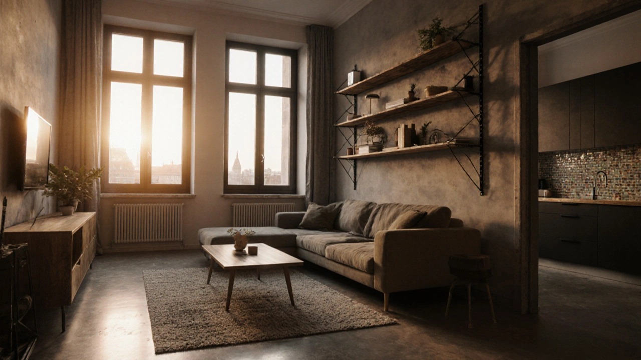 Gemütliches, renoviertes Wohn‑/Koch‑Open‑Space mit nachhaltigen Materialien und warmem Sonnenlicht.