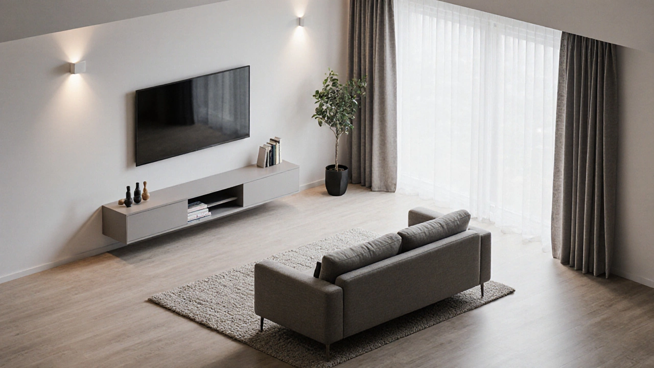 Gut platzierte Sofa‑Anordnung mit Abstand zum TV, Licht und Teppich.