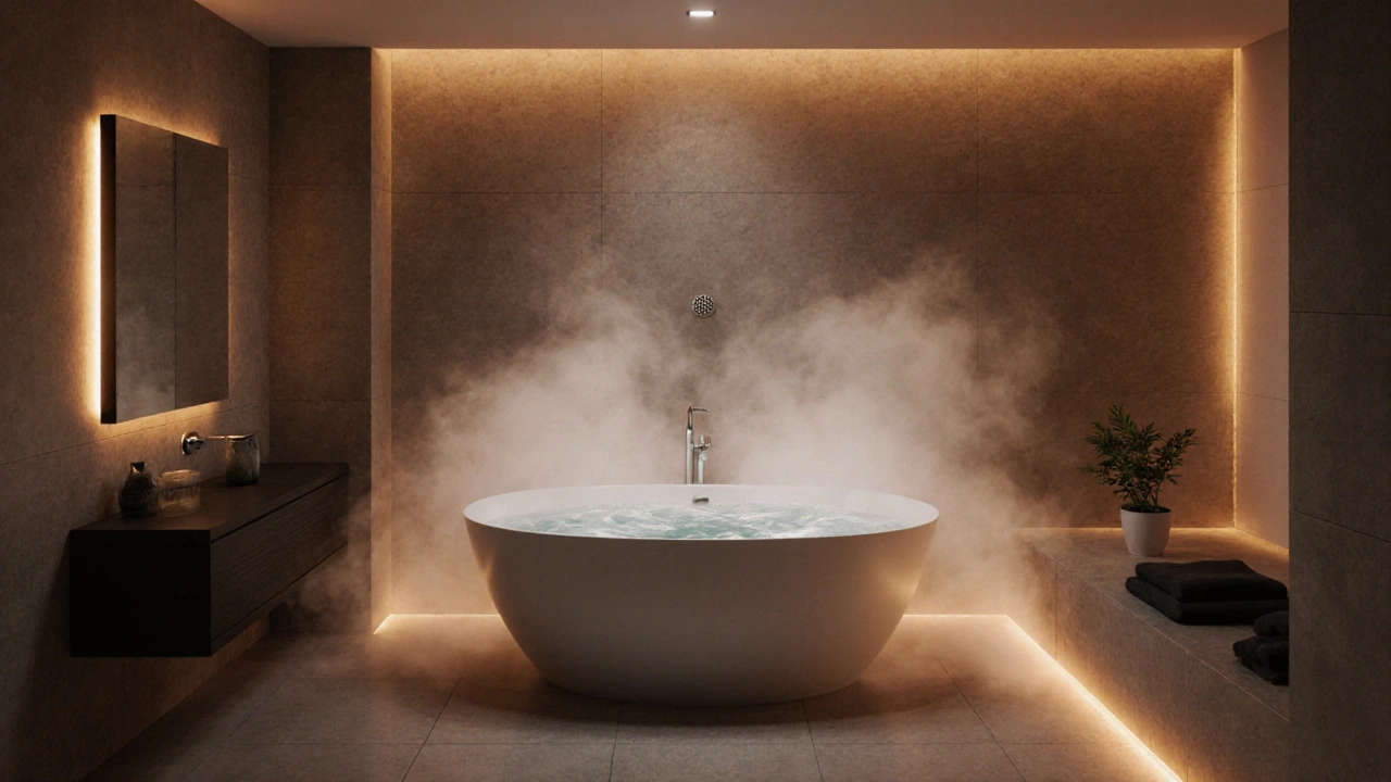 Luxuriöse Badewanne voll Wasser, Dampf, warmes Licht, entspannte Spa‑Atmosphäre.