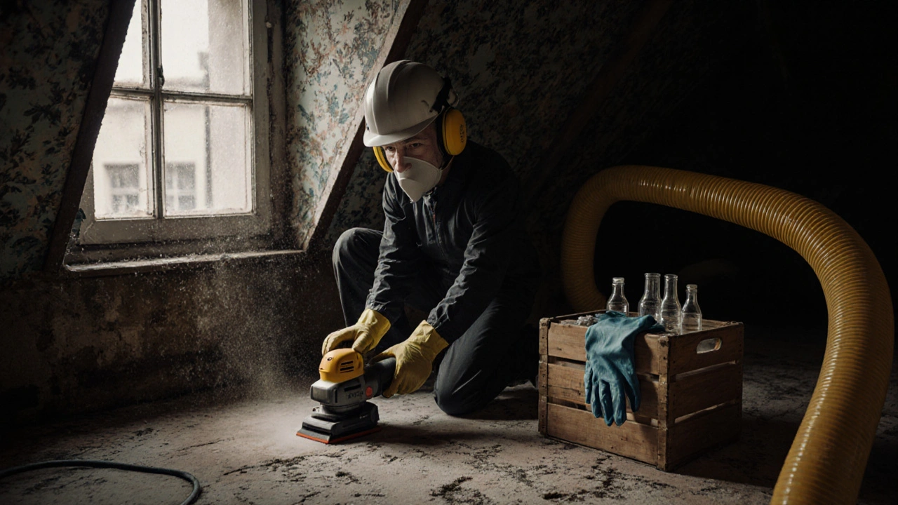 Person in Sicherheitskleidung schleift alten Bodenbelag in einem Dachboden mit Absaugung.