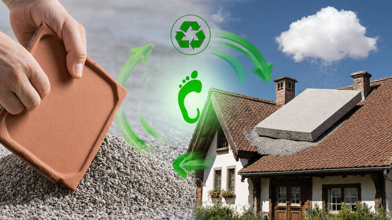 Recycling von Ziegeln zu Straßenmaterial neben einem historischen Haus mit nachhaltigem Symbol.