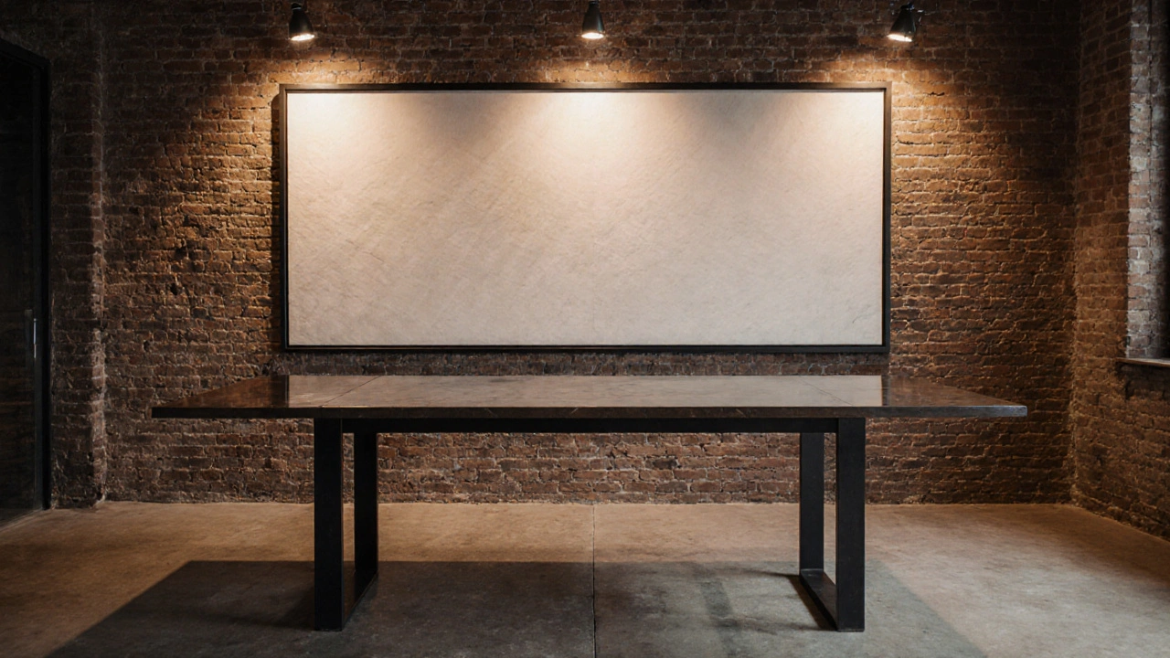 Stimmungsvolles Esszimmer im Industrie‑Look, großes Bild mit Metallrahmen und gezielten Spotlights.