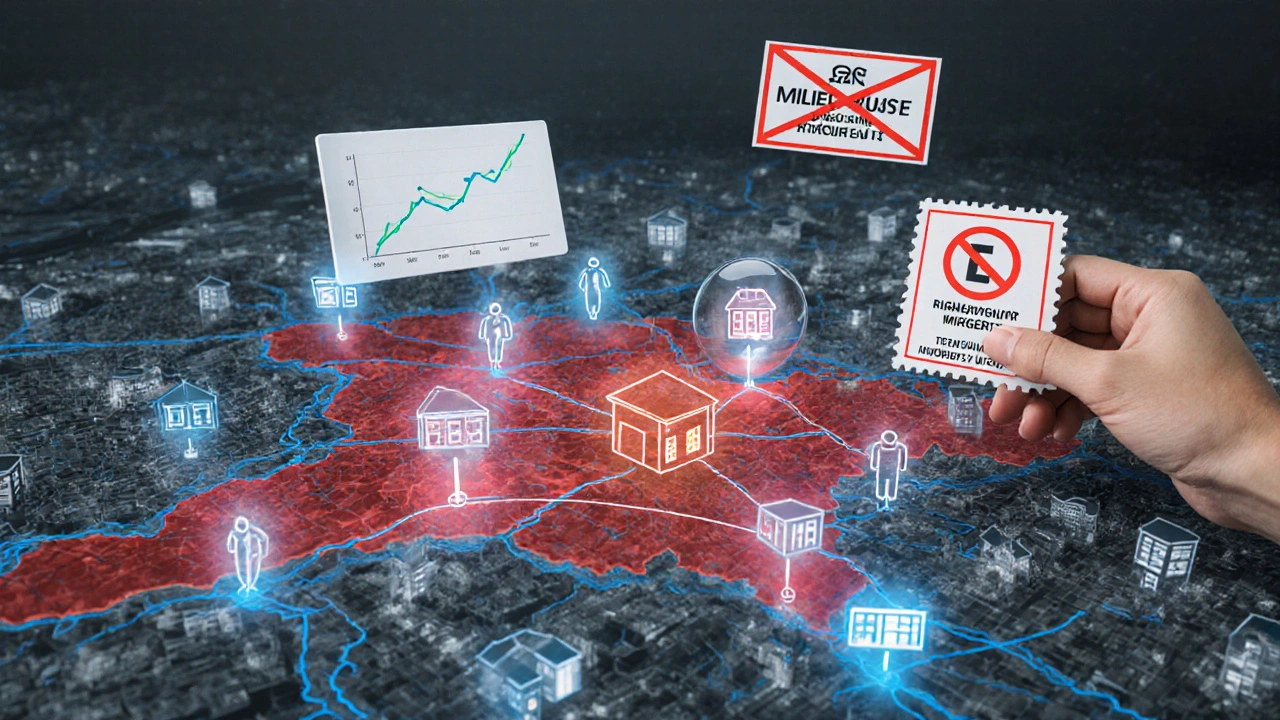 Transparenzkarte einer Stadt mit geschützten Gebieten, blockierten Umbauten und Vorkaufsrecht-Siegel über einem Haus.