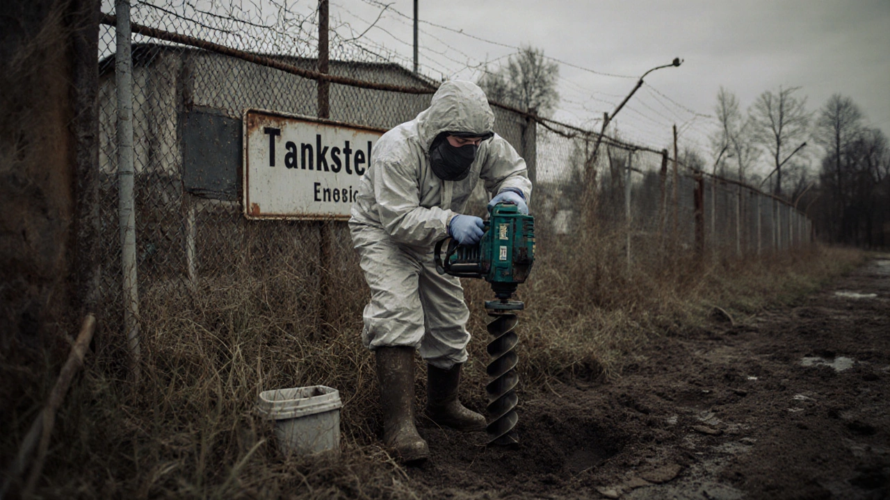 Umweltfachmann entnimmt Bodenproben auf einem ehemaligen Werkstattgelände.