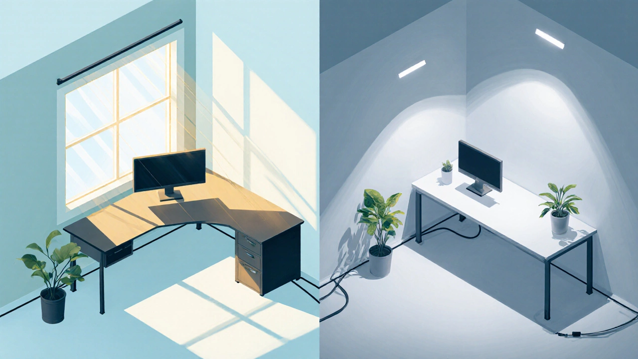 Vergleich zweier Schreibtischpositionen – am Fenster vs. mittig im Raum, mit unterschiedlicher Beleuchtung.