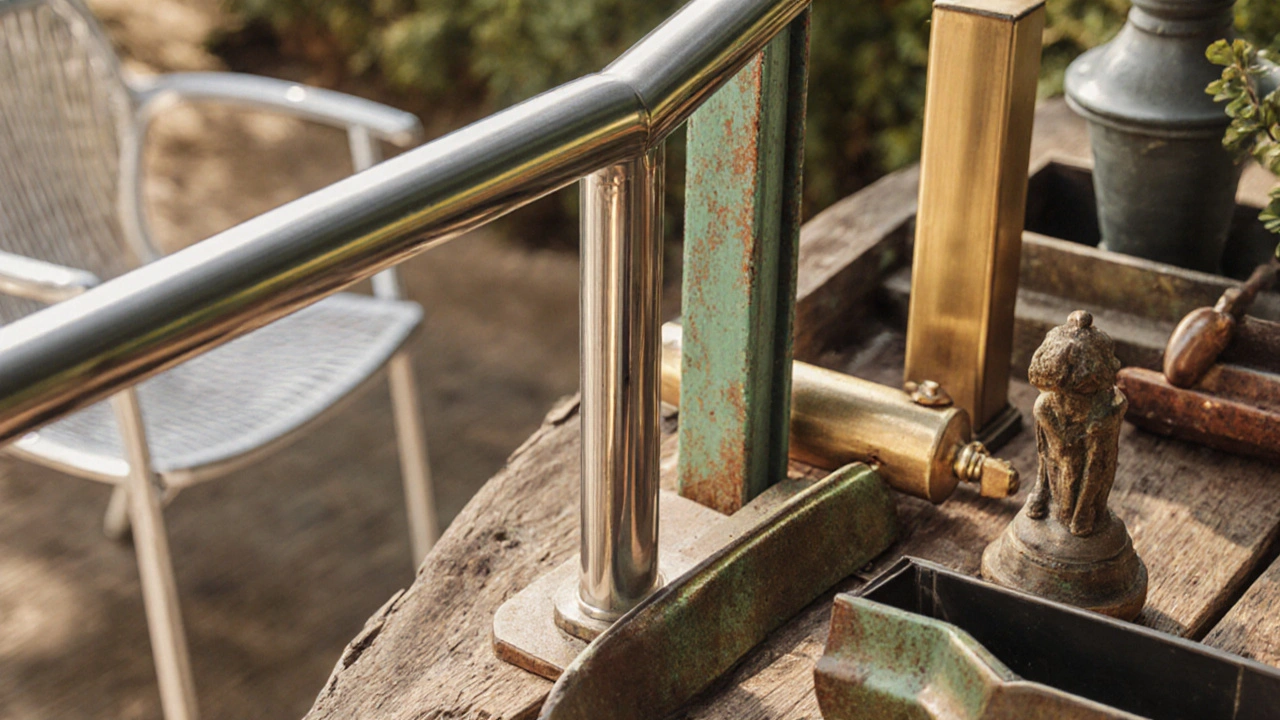Verschiedene rostfreie Metalle auf einem Holz Tisch, detailreich dargestellt.