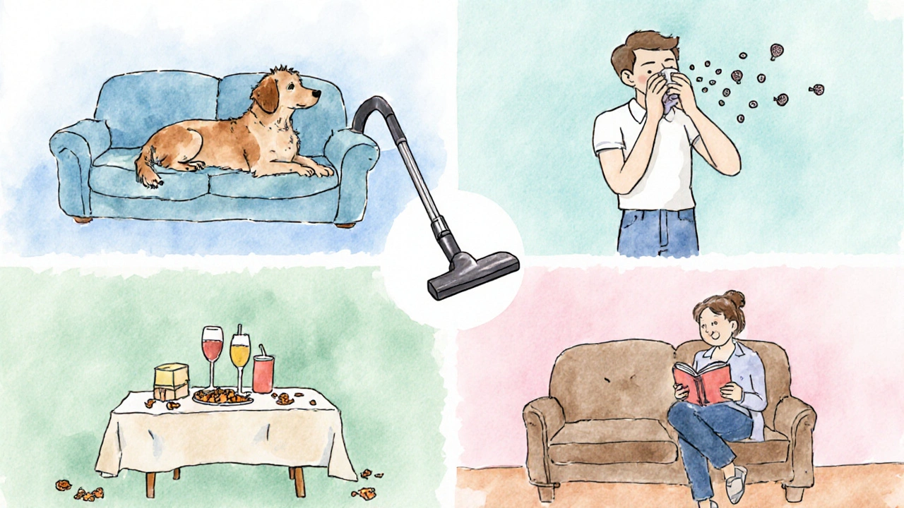 Vier Bildausschnitte: Hund, Allergiker, Party‑Krümel, ruhiges Lesen, Mittig Mikrofaserdüse.