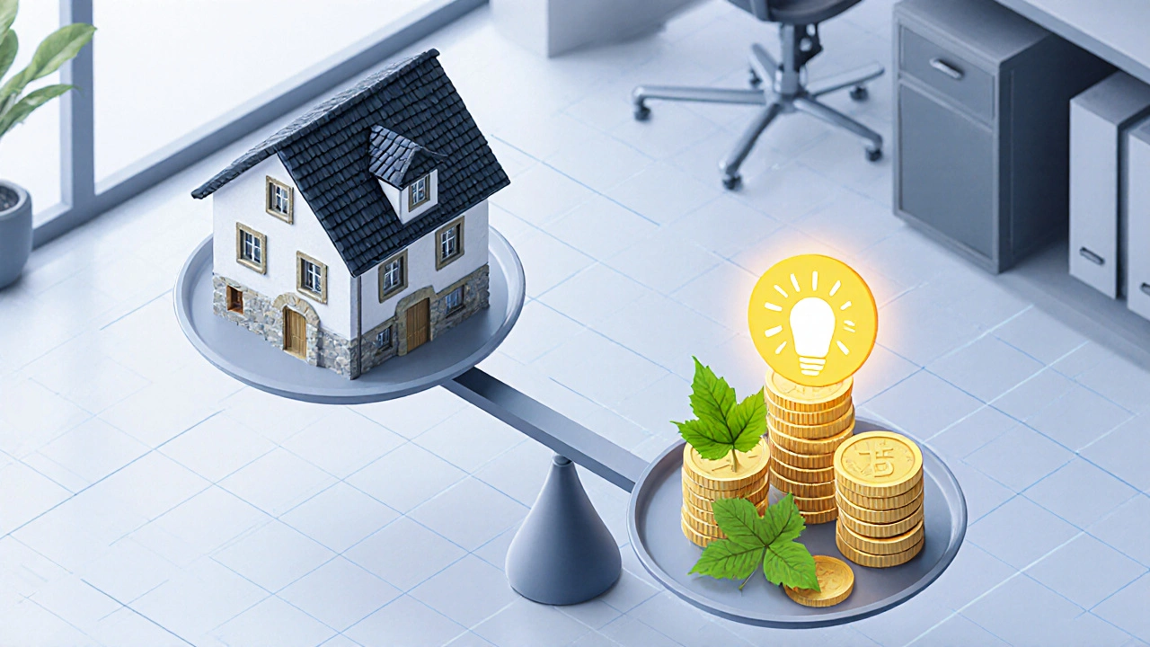 Waage mit altem Haus auf einer Seite und Geld‑ und Energiesymbolen auf der anderen, Balanced‑Bild.