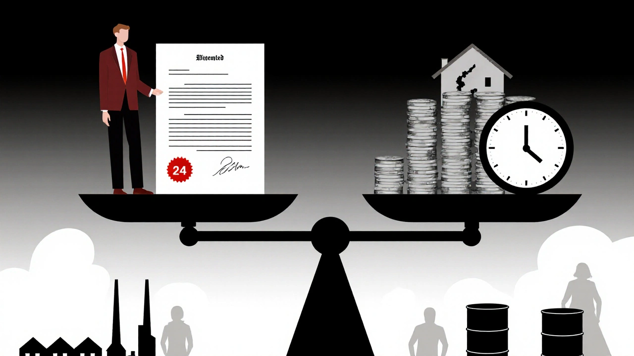 Waage mit Kaufvertrag auf einer Seite, Sanierungskosten und Uhr auf der anderen.