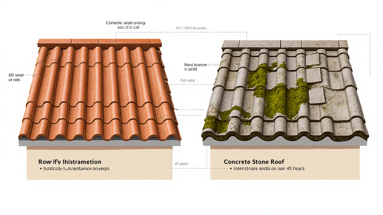 Zeitliche Entwicklung eines Daches: Ziegeldach bleibt intakt, Betondach benötigt Reparaturen.