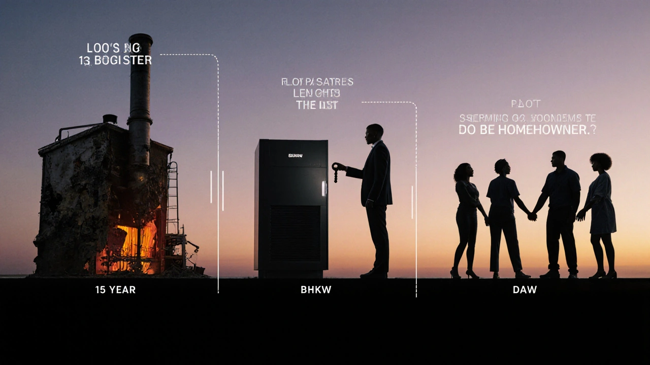 Zeitlicher Übergang von alter Heizung zu moderner Anlage und Übergabe des Systems an Wohnungseigentümer.