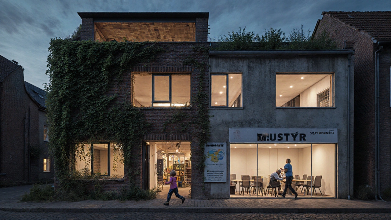Abandoned office building being converted into a community center with children and seniors inside.