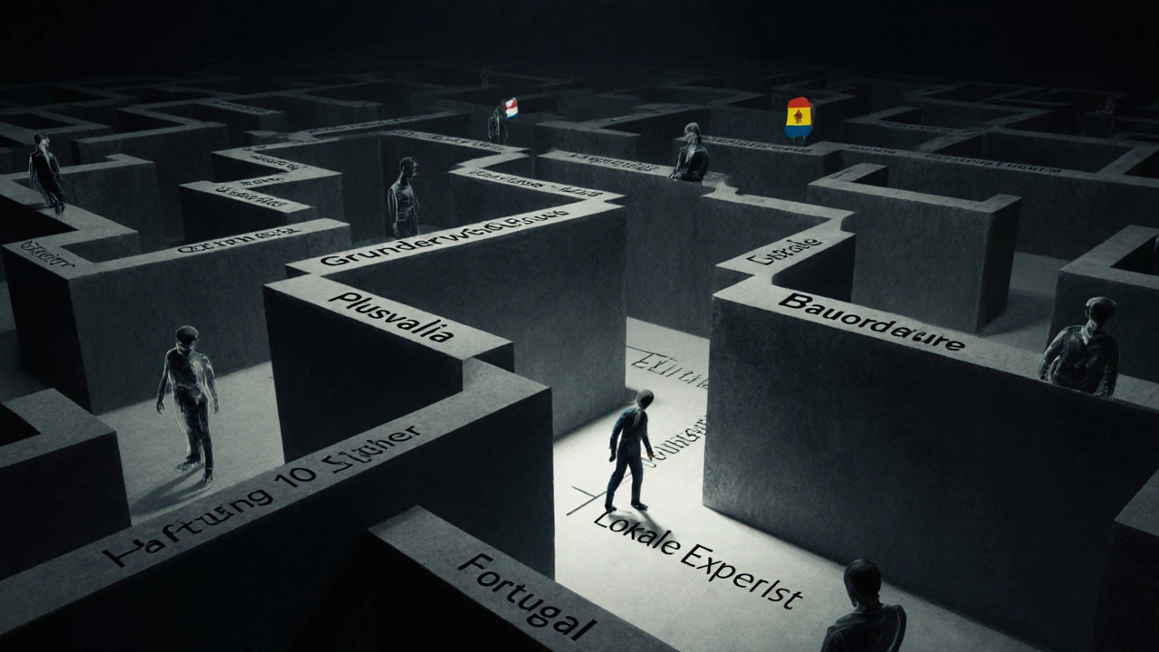 Abstrakte Rechtslabyrinth-Szene mit internationalen Bauvorschriften als Wände, eine Person versucht, einen Ausweg zu finden.