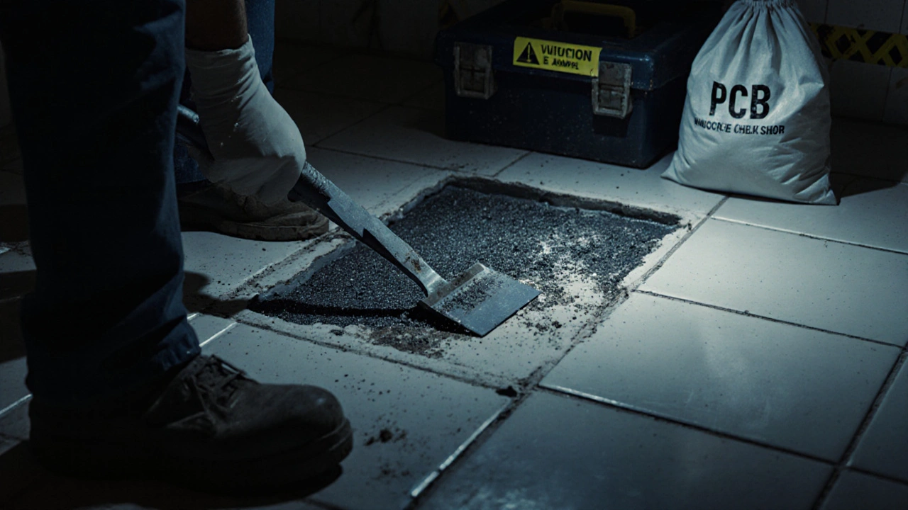 Arbeiter entfernt PCB-belasteten Dichtungskleber aus einer alten Badfliese, während feine Chemikalienpartikel in der Luft schweben.