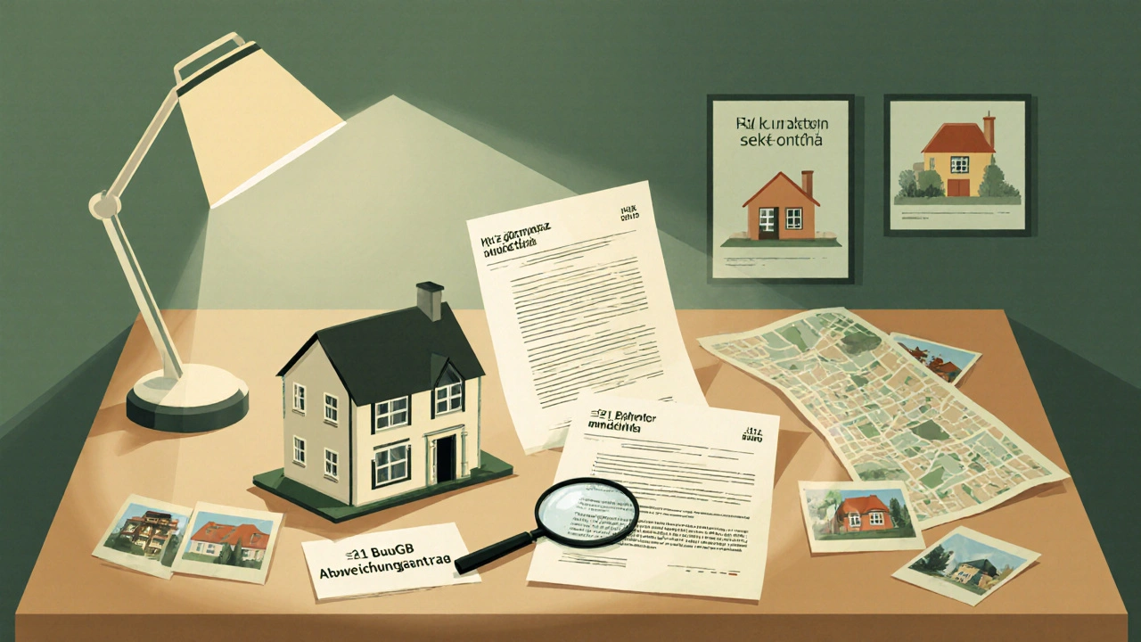 Bauamtstisch mit Antragsunterlagen, Modell und Karte, Beleuchtung durch Lampe, symbolisch für Befreiungsantrag.