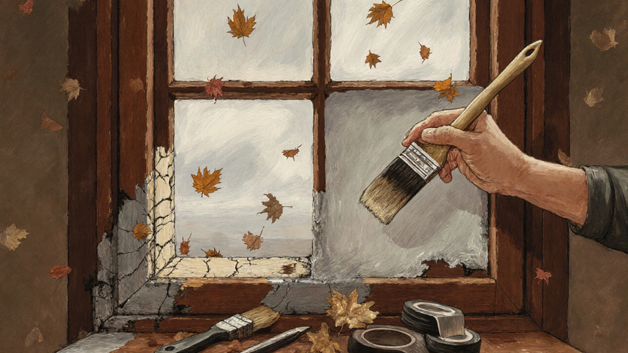 Detailaufnahme eines beschädigten Fensterrahmens mit Rissen und feuchtem Holz, während eine neue Lasur aufgetragen wird, im Herbstlicht.