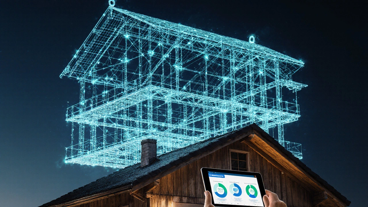Digitaler Zwilling eines Hauses mit visualisierten Belastungsdaten und Eurocode-Anforderungen.