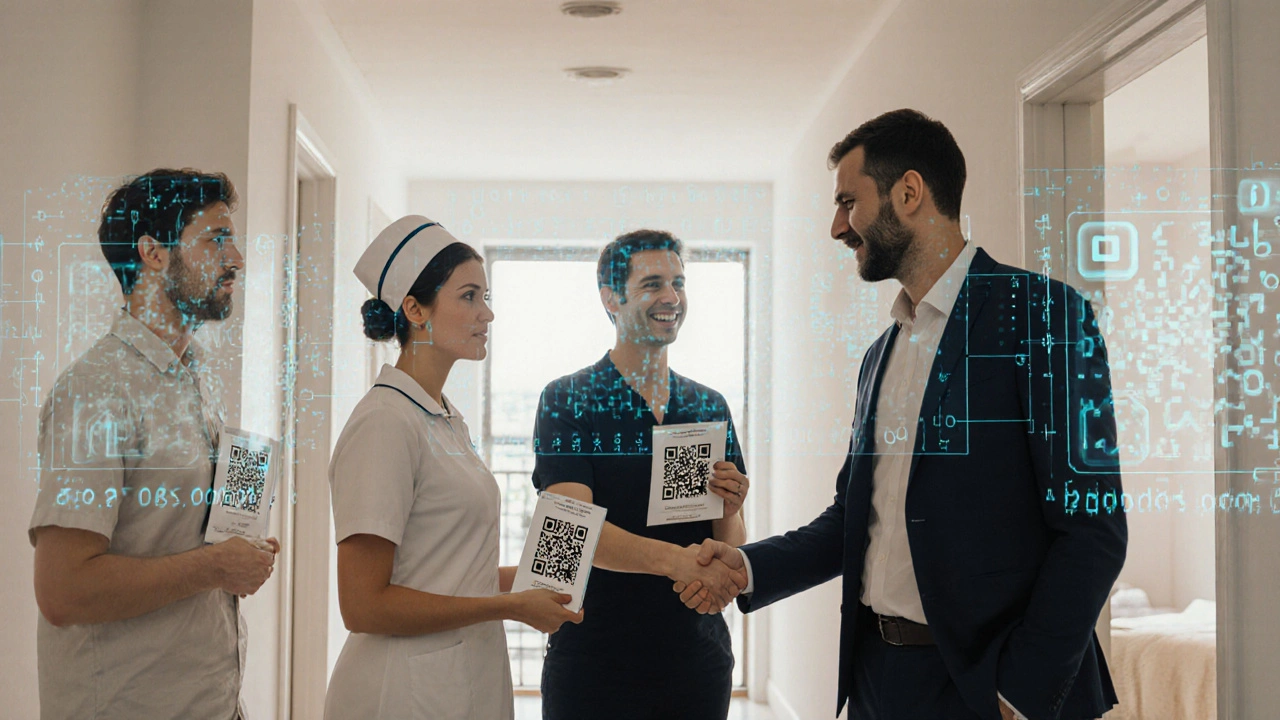 Diverse tenants handing digital certificates to a landlord in a bright hallway.