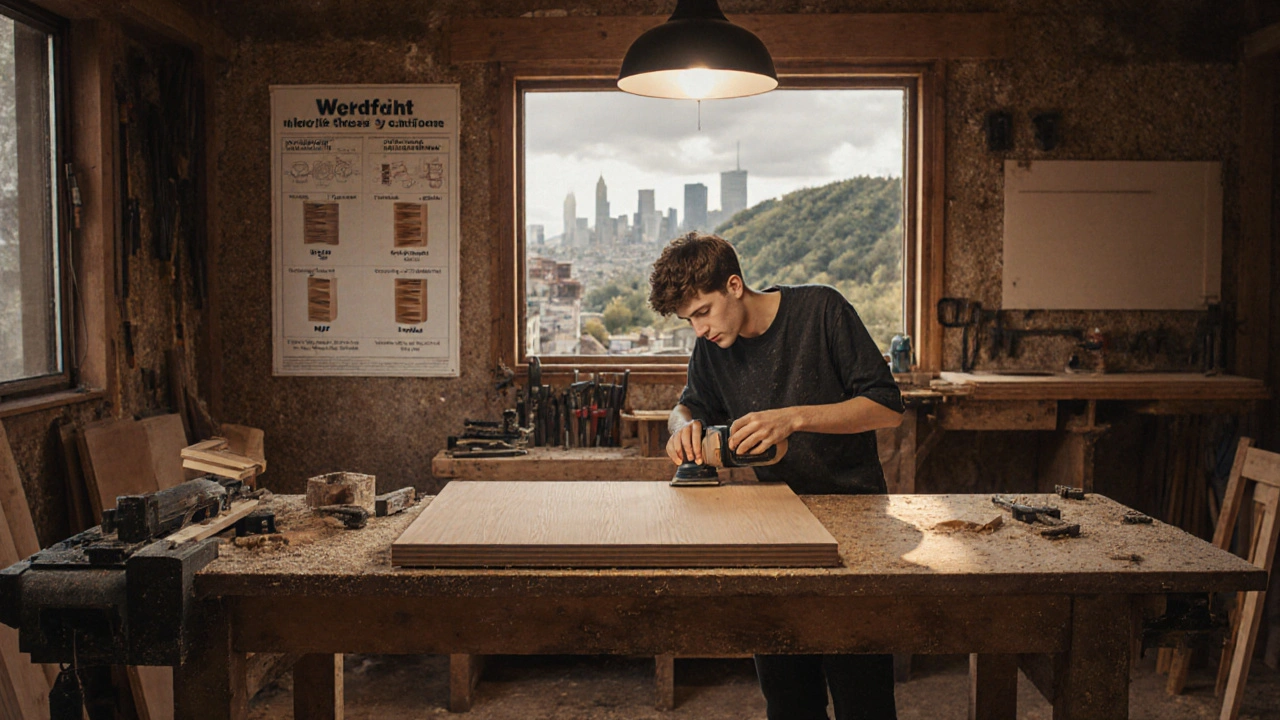 Ein Handwerker schleift eine Multiplex-Platte in einer Werkstatt, umgeben von Werkzeugen und Holzspänen.