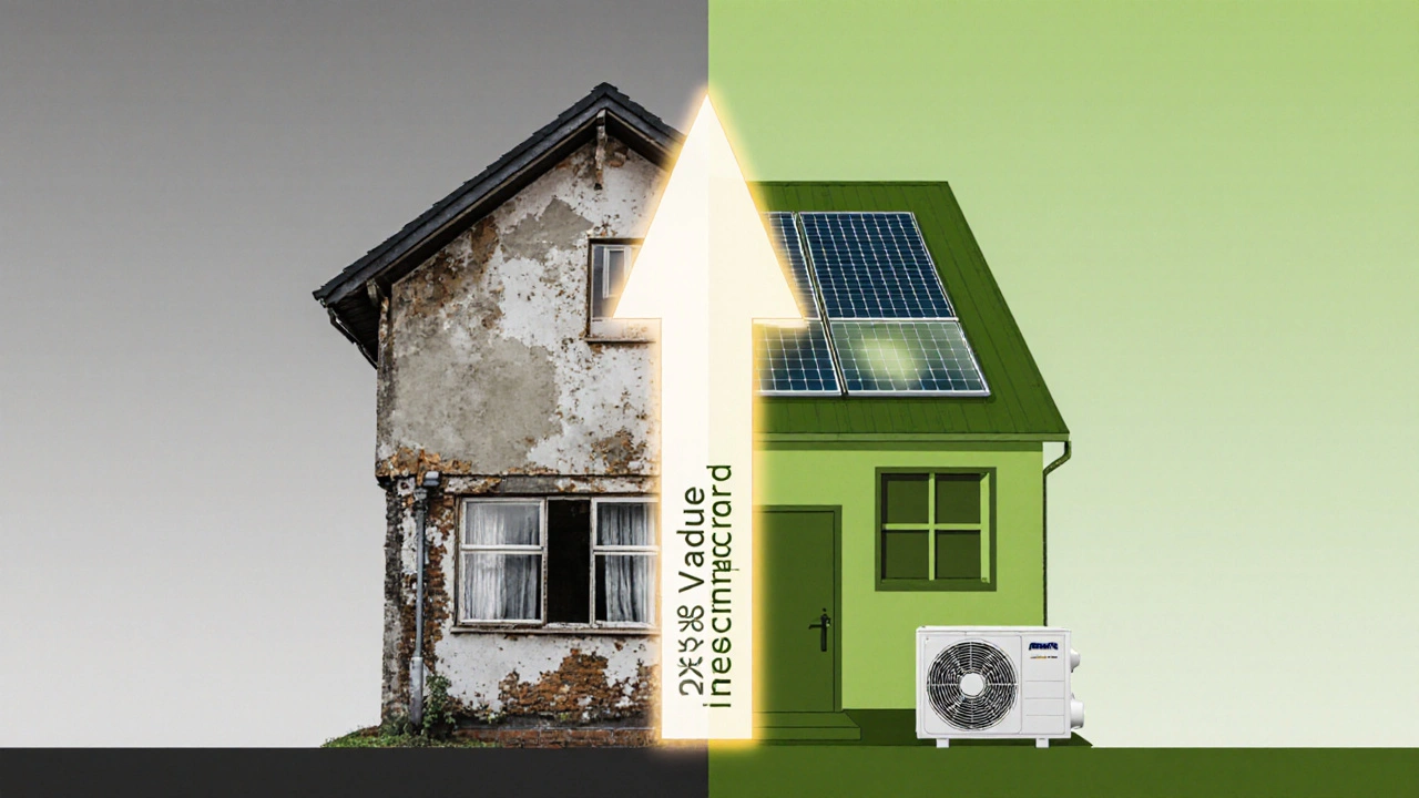 Ein Haus in zwei Zuständen: alt und sanierter Zustand, verbunden durch eine Wertsteigerungs-Arrow.