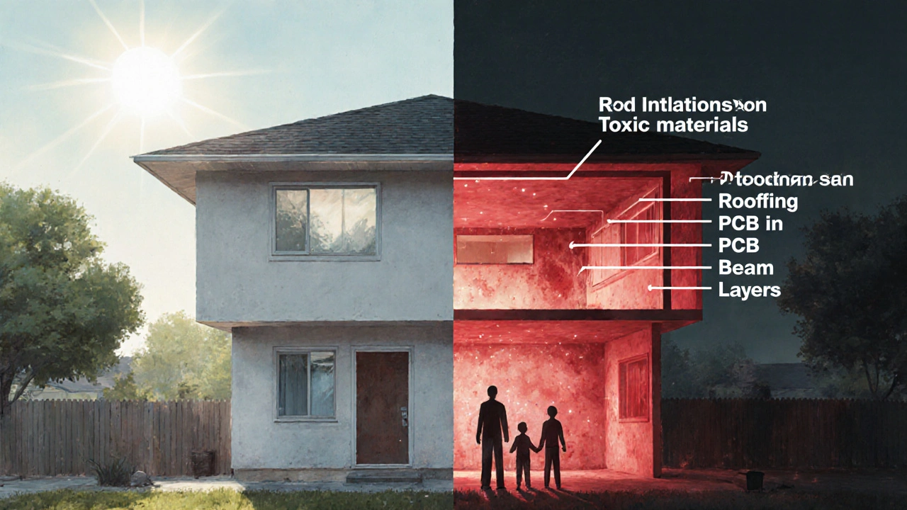 Ein Haus mit verborgenen Schadstoffen: eine Seite sauber, die andere voller unsichtbarer Giftstoffe wie Asbest, PCB und PCP.