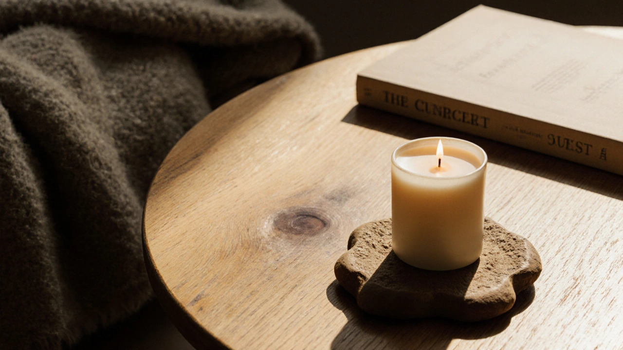 Eine handgefertigte Holztischplatte mit Kerze, Wolldecke und Buch – natürliche Materialien in warmem Abendlicht.