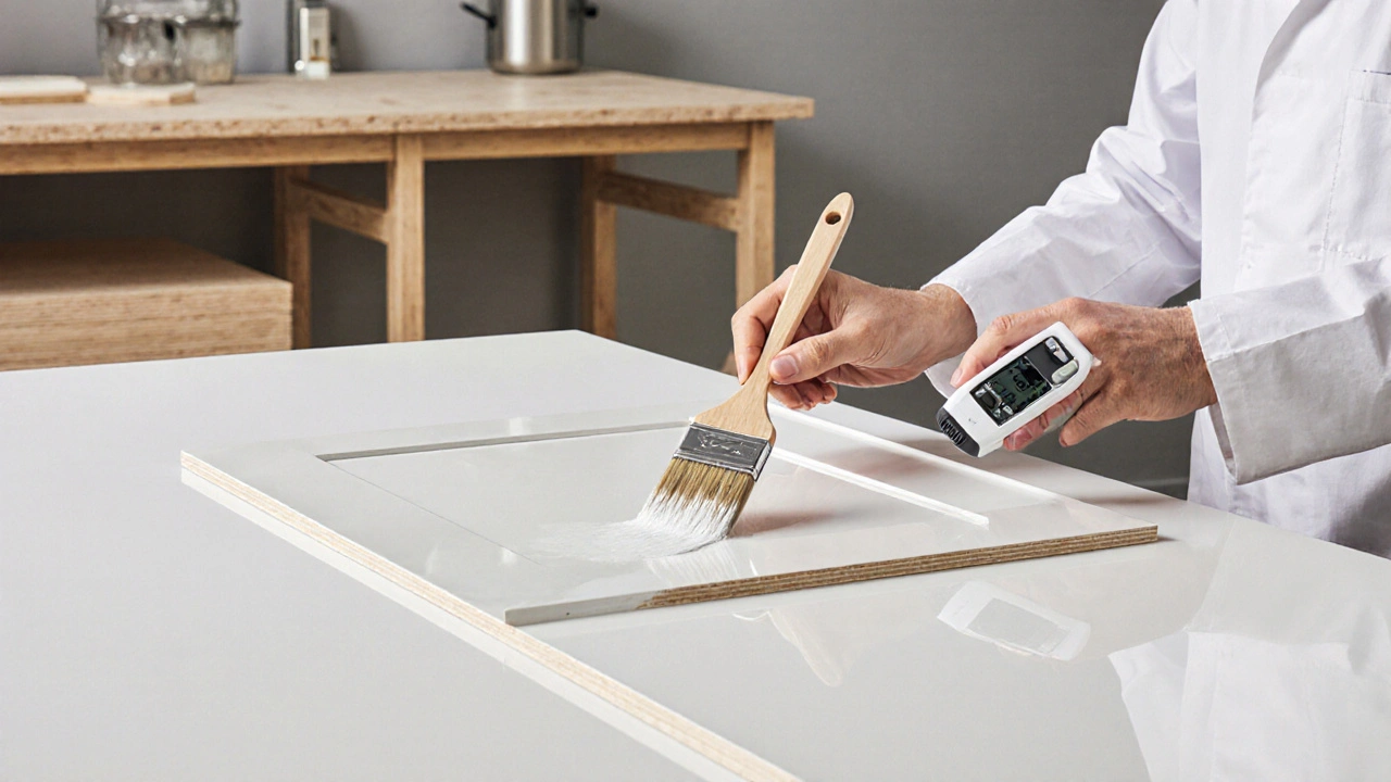 Eine MDF-HMR-Tür wird in einer Küche mit Hochglanzlack bemalt, während Feuchtigkeitsmessgeräte bereitliegen.