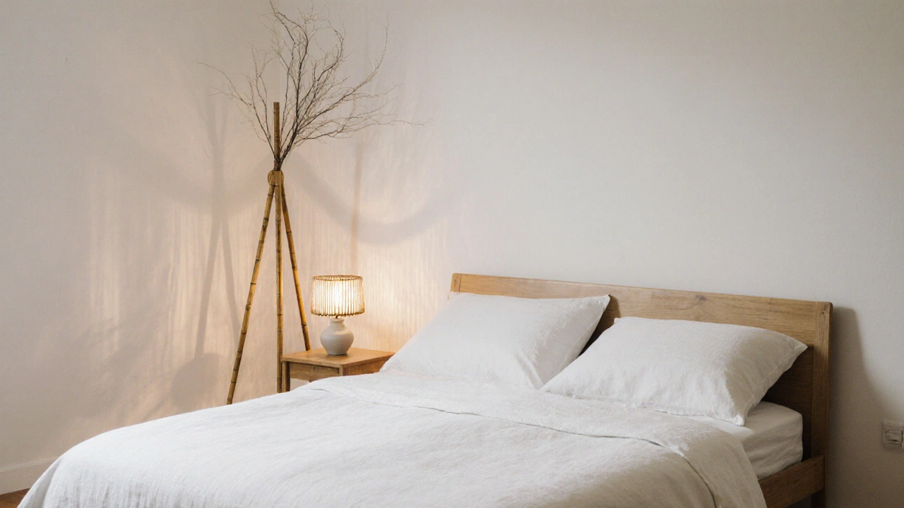 Eine schlichte Schlafzimmerecke mit Leinenbett, Bambuslampe und einem Zweig in Tonvase – voller Stille und Natur.