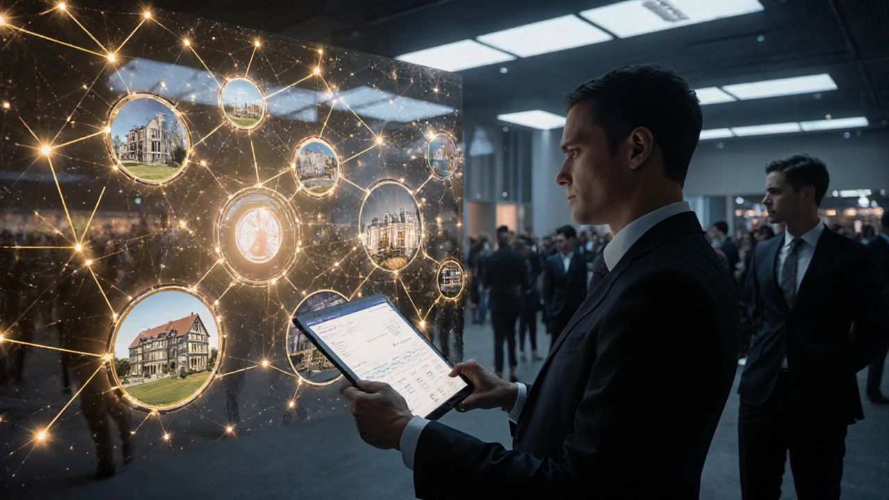 Exklusives Netzwerk für Premium-Immobilien, dargestellt als goldenes Gitter mit Investoren und Hologrammen.