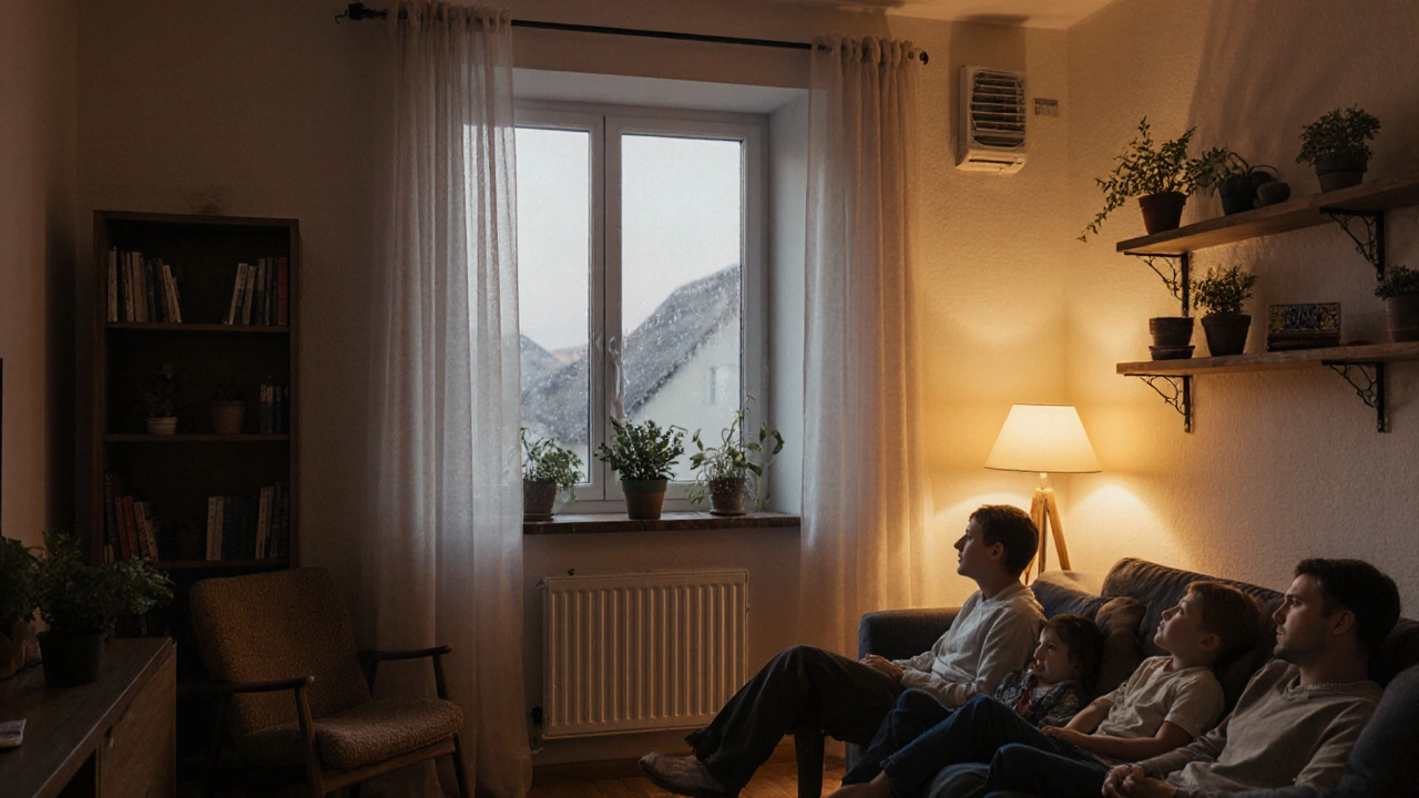 Familie in einem warmen Wohnzimmer eines Altbaus, wo eine Lüftungsanlage für klare Luft und Komfort sorgt.