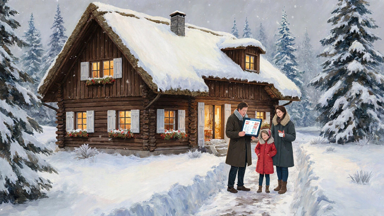 Familie inspiziert im Winter ein chaletartiges Ferienhaus in der Eifel mit geräumtem Weg und warmem Licht.