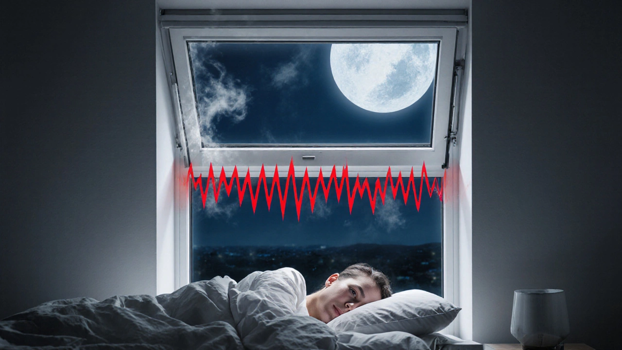 Fenster im Kippmodus mit verborgener Lüftung, die Lärm blockiert, während jemand friedlich schläft.