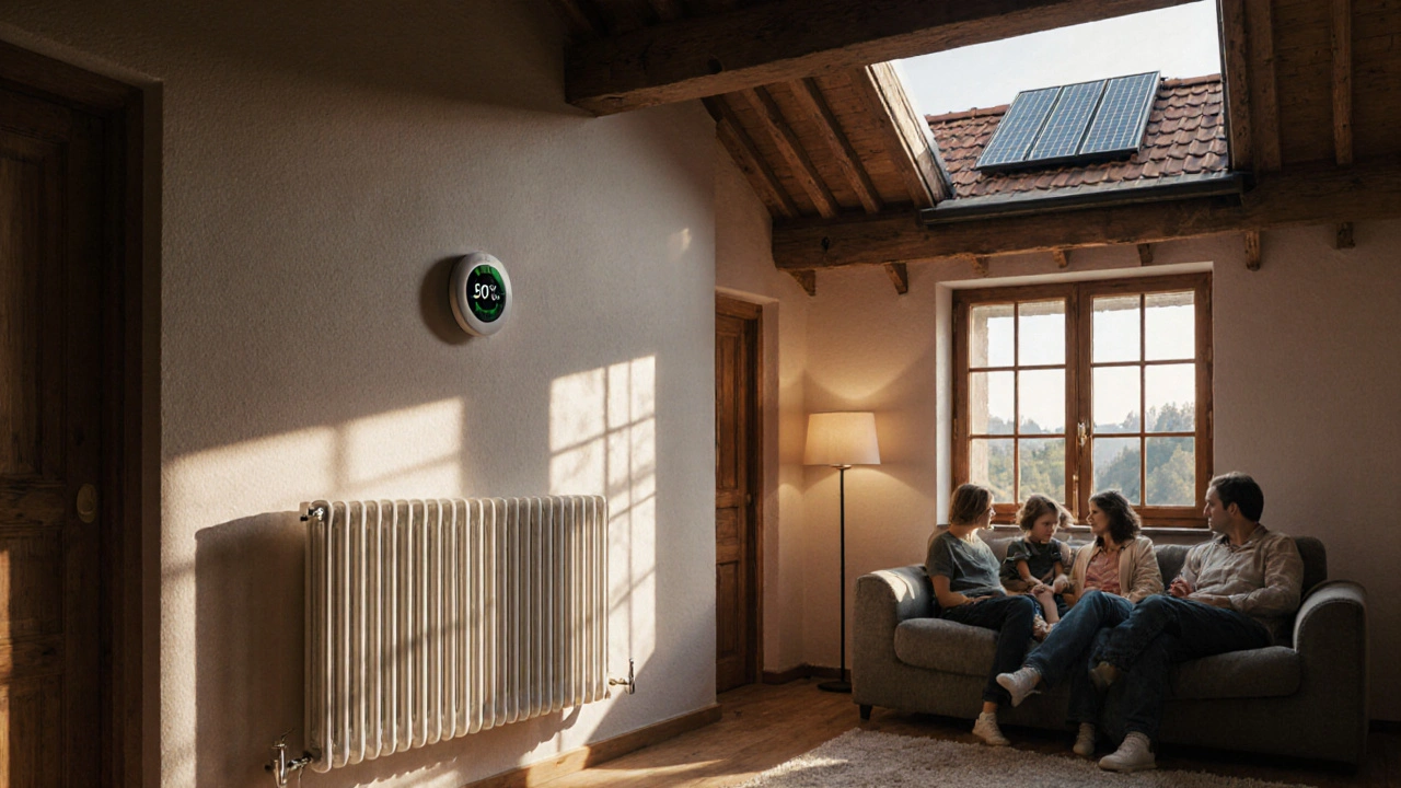 Gemütliches Wohnzimmer mit modernen Heizkörpern und intelligenter Steuerung in einem österreichischen Altbau.