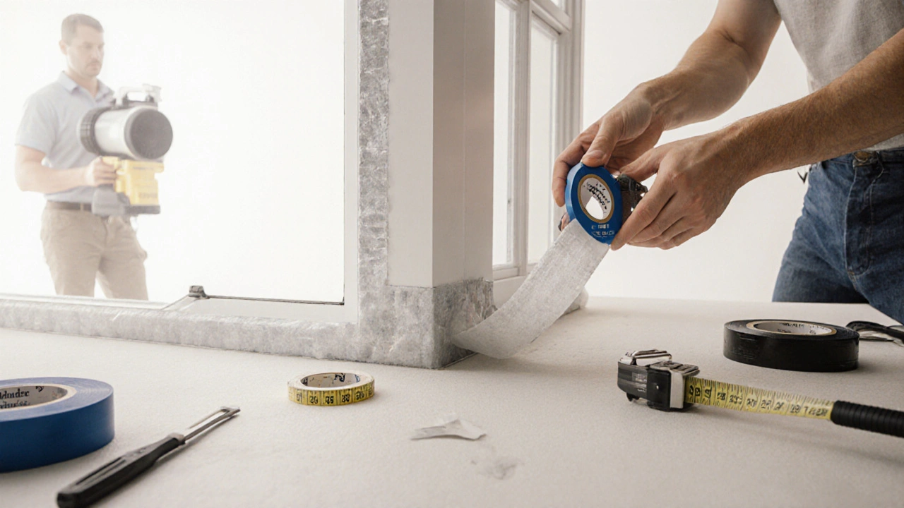 Hand fügt spezielles Klebeband an einer Dampfbremse naht an einer Fensterdurchführung an, professionelle Installation.