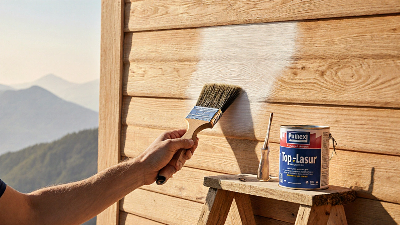 Hand streicht eine Holzfassade mit transparenter Lasur entlang der Holzmaserung.