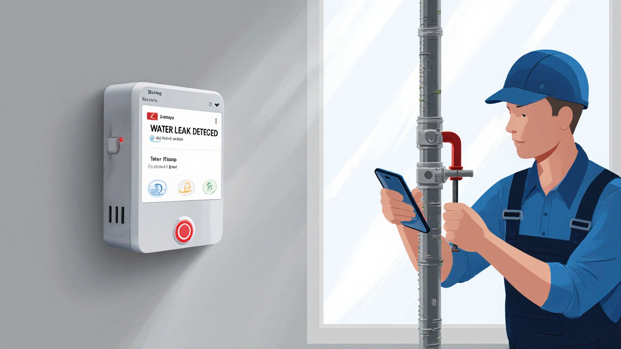 Intelligenter Wassersensor an der Wand warnt per Smartphone, während ein Handwerker ein Rohr repariert.