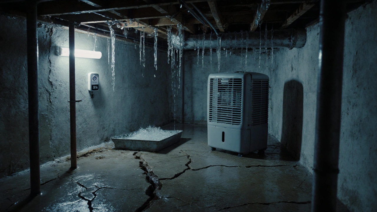 Keller mit Wasser, das durch einen Riss im Betonboden dringt, alte rostige Rohre und eine Feuchtigkeitsmessung an der Wand.