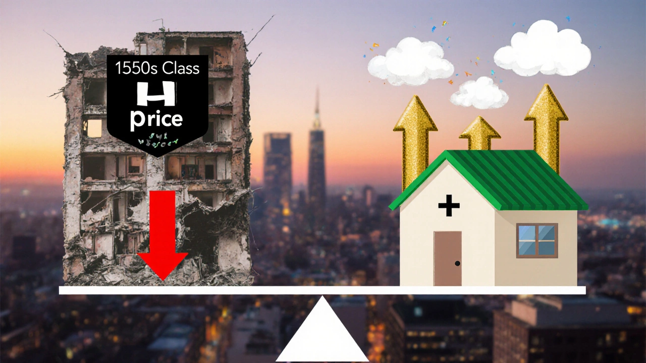 Kontrast zwischen energie ineffizientem Gebäude und A+-Sanierung mit CO2-Reduktion.