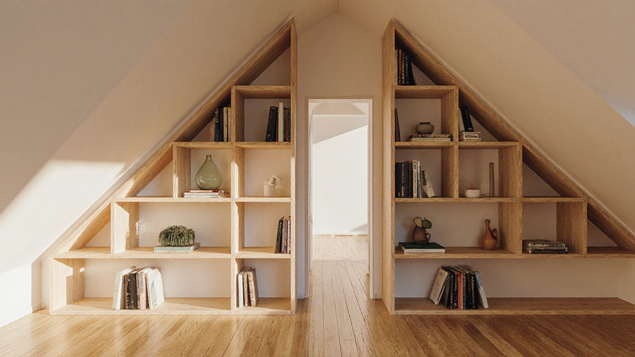 Maßgeschneiderte Regale an der Dachschräge mit dreieckigen Stützen und offenen Ablagen.